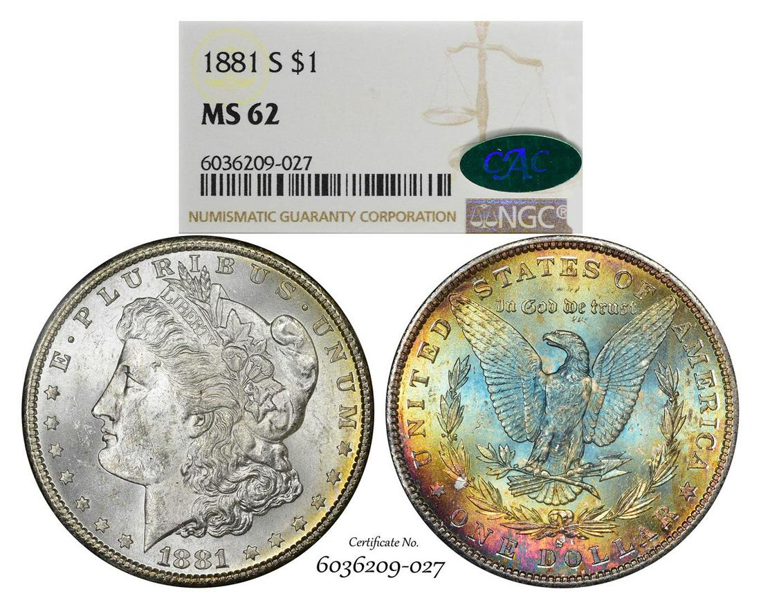 1881-S $1 Morgan Silver Dollar Coin NGC MS62 CAC: One 1881-S $1 Morgan Silver Dollar Coin NGC MS62 CAC Amazing Toning. NGC Certified.