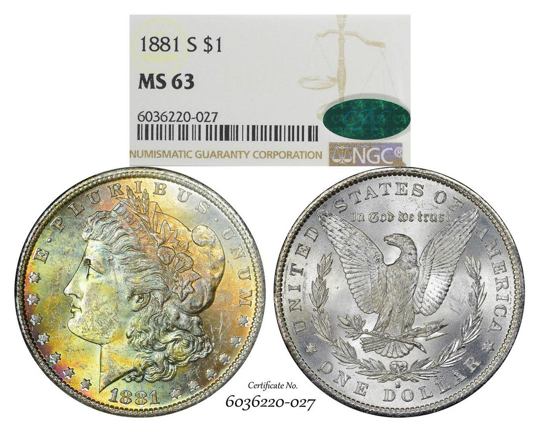 1881-S $1 Morgan Silver Dollar Coin NGC MS63 CAC: One 1881-S $1 Morgan Silver Dollar Coin NGC MS63 CAC Amazing Toning. NGC Certified.