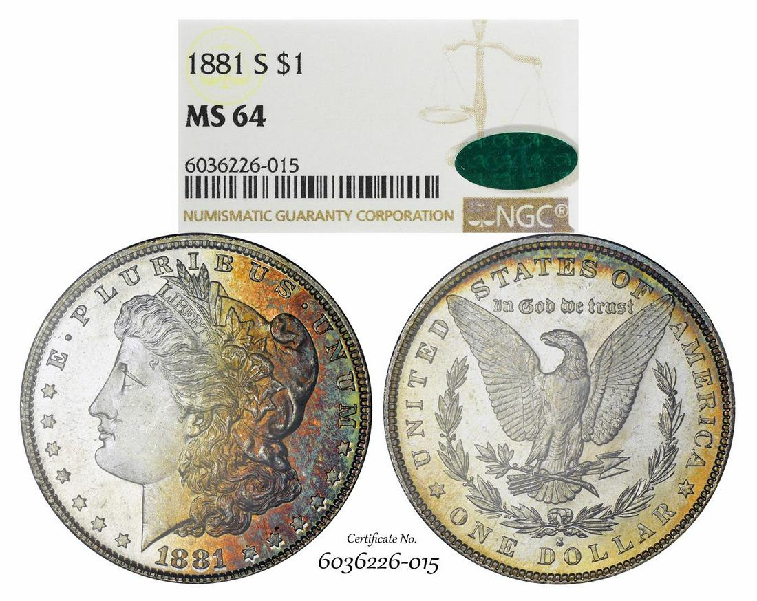 1881-S $1 Morgan Silver Dollar Coin NGC MS64 CAC: One 1881-S $1 Morgan Silver Dollar Coin NGC MS64 CAC Amazing Toning. NGC Certified.