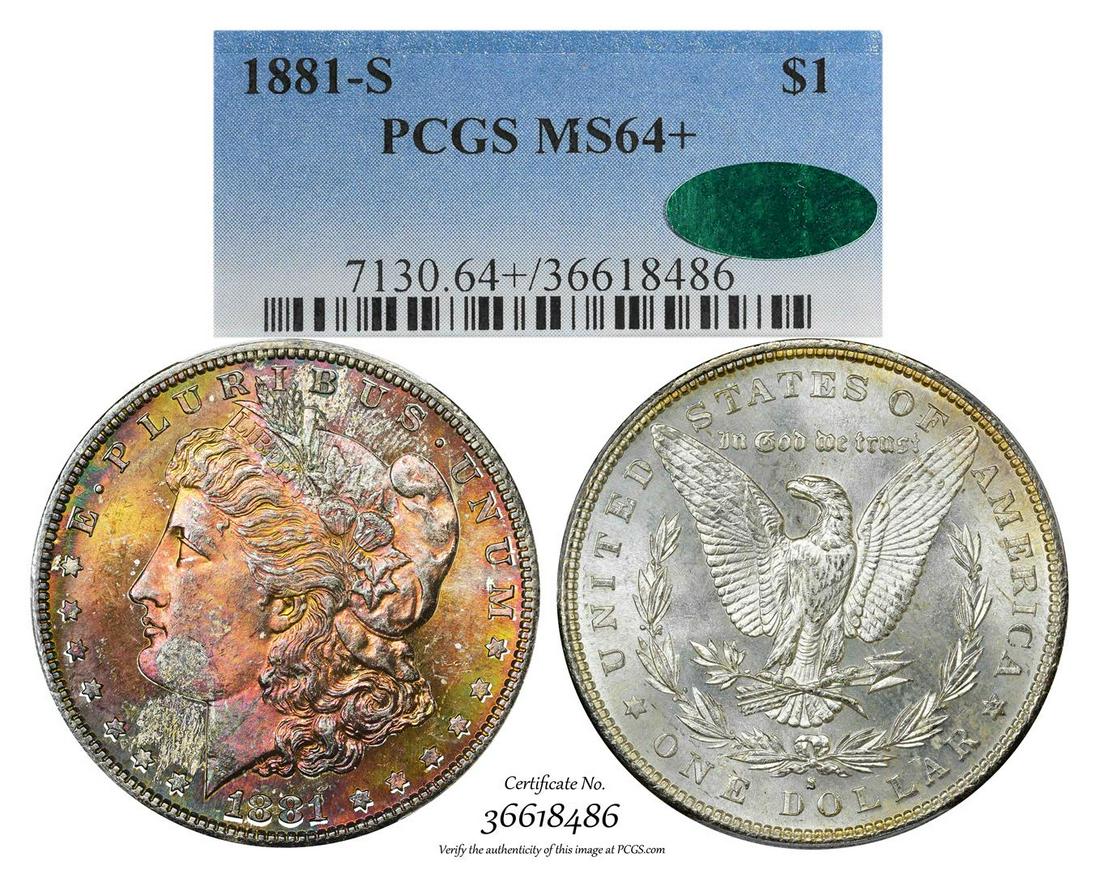 1881-S $1 Morgan Silver Dollar Coin PCGS MS64+ CAC: One 1881-S $1 Morgan Silver Dollar Coin PCGS MS64+ CAC Amazing Toning. PCGS Graded.