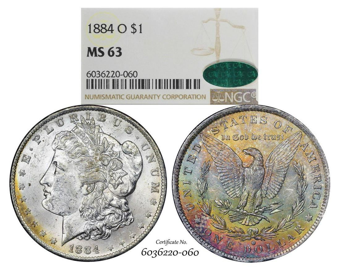 1884-O $1 Morgan Silver Dollar Coin NGC MS63 CAC: One 1884-O $1 Morgan Silver Dollar Coin NGC MS63 CAC Amazing Toning. NGC Certified.