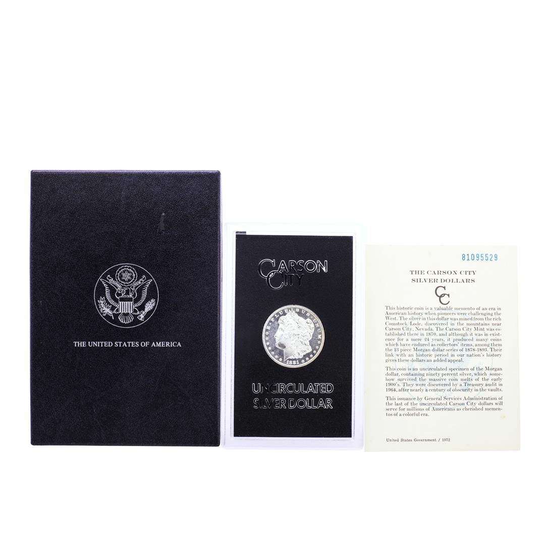 1881-CC $1 Morgan Silver Dollar Coin GSA Hoard: One 1881-CC $1 Morgan Silver Dollar Coin GSA Hoard Uncirculated Proof Like with Box & COA.