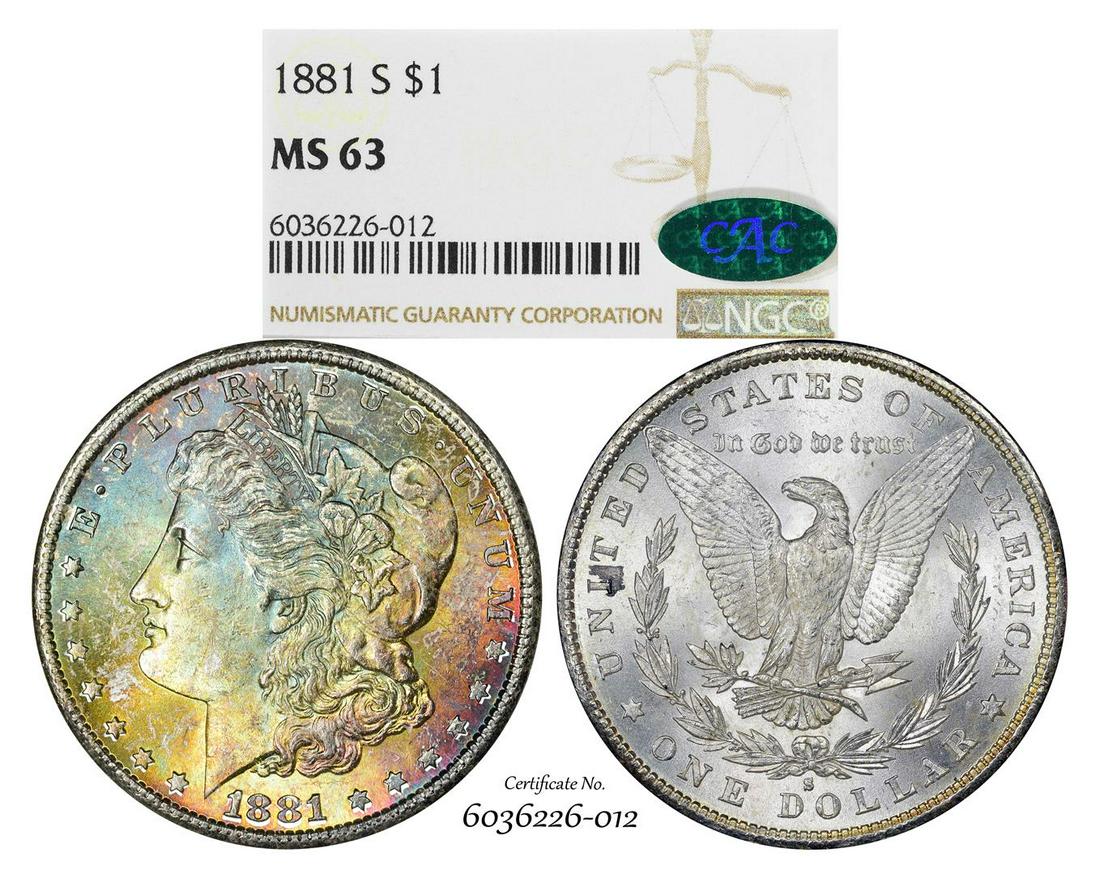 1881-S $1 Morgan Silver Dollar Coin NGC MS63 CAC: One 1881-S $1 Morgan Silver Dollar Coin NGC MS63 CAC Amazing Toning. NGC Certified.