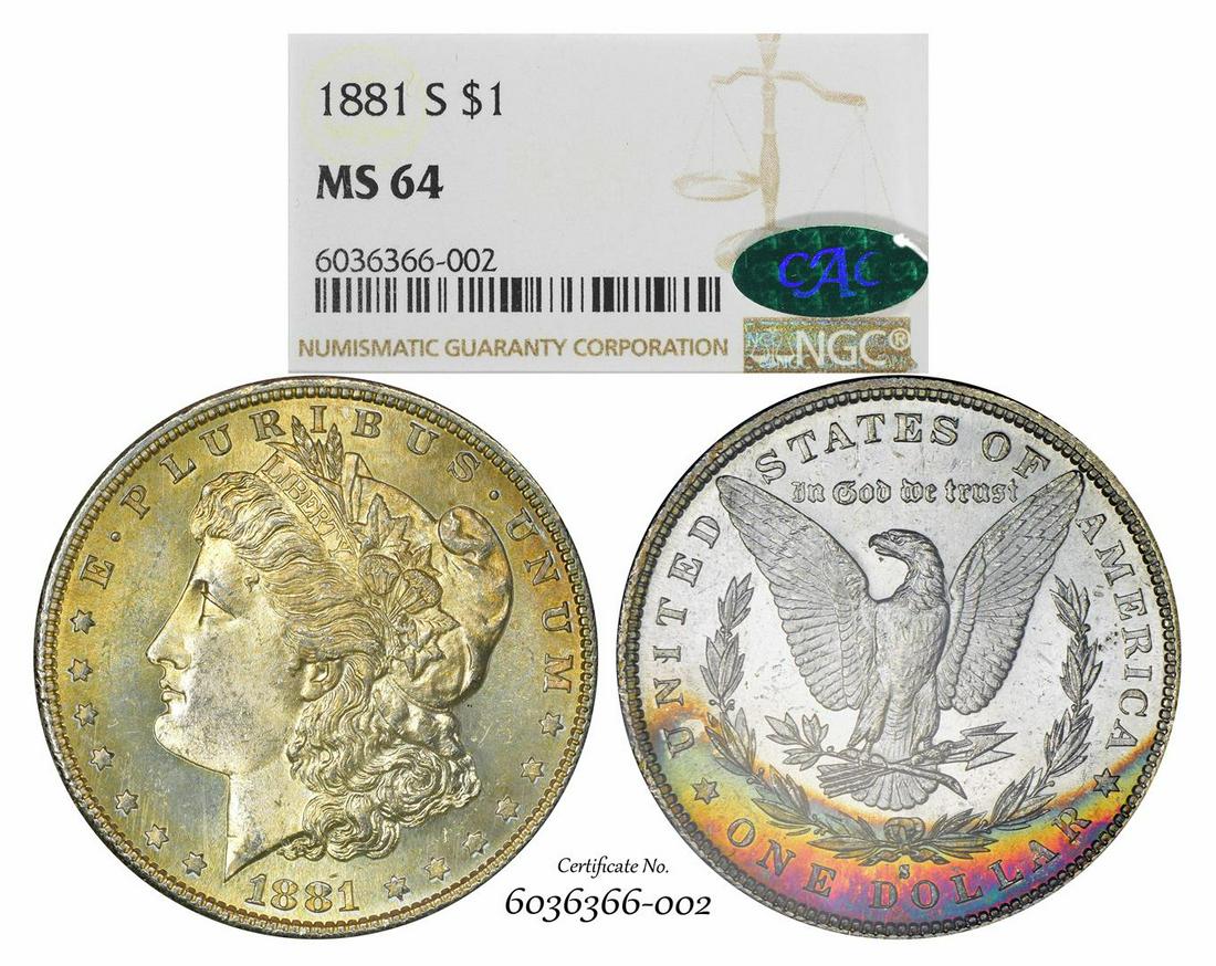 1881-S $1 Morgan Silver Dollar Coin NGC MS64 CAC: One 1881-S $1 Morgan Silver Dollar Coin NGC MS64 CAC Amazing Toning. NGC Certified.