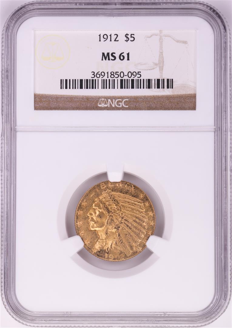 1912 $5 Indian Head Half Eagle Gold Coin NGC MS61: One 1912 $5 Indian Head Half Eagle Gold Coin NGC MS61. NGC Certified.