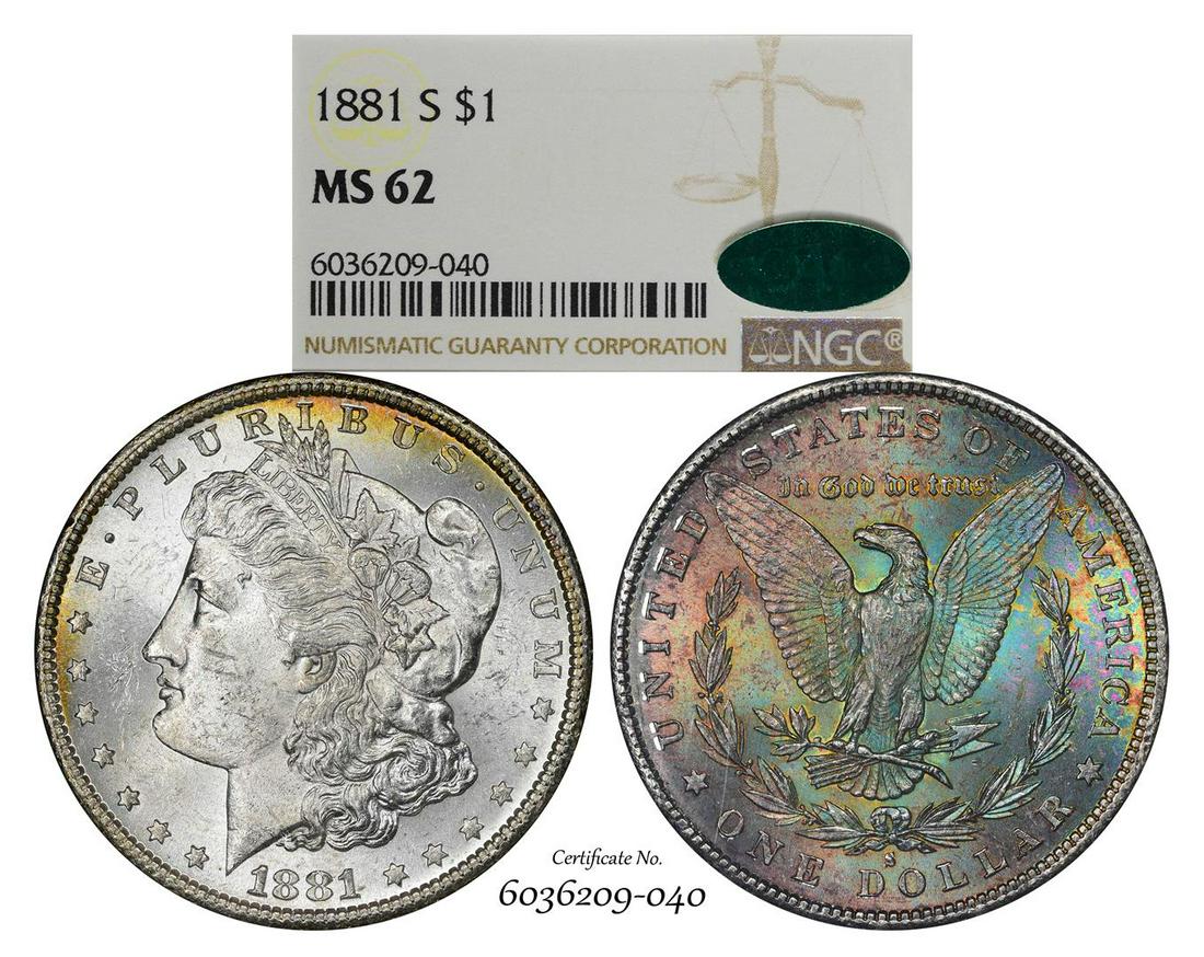 1881-S $1 Morgan Silver Dollar Coin NGC MS62 CAC: One 1881-S $1 Morgan Silver Dollar Coin NGC MS62 CAC Amazing Toning. NGC Certified.