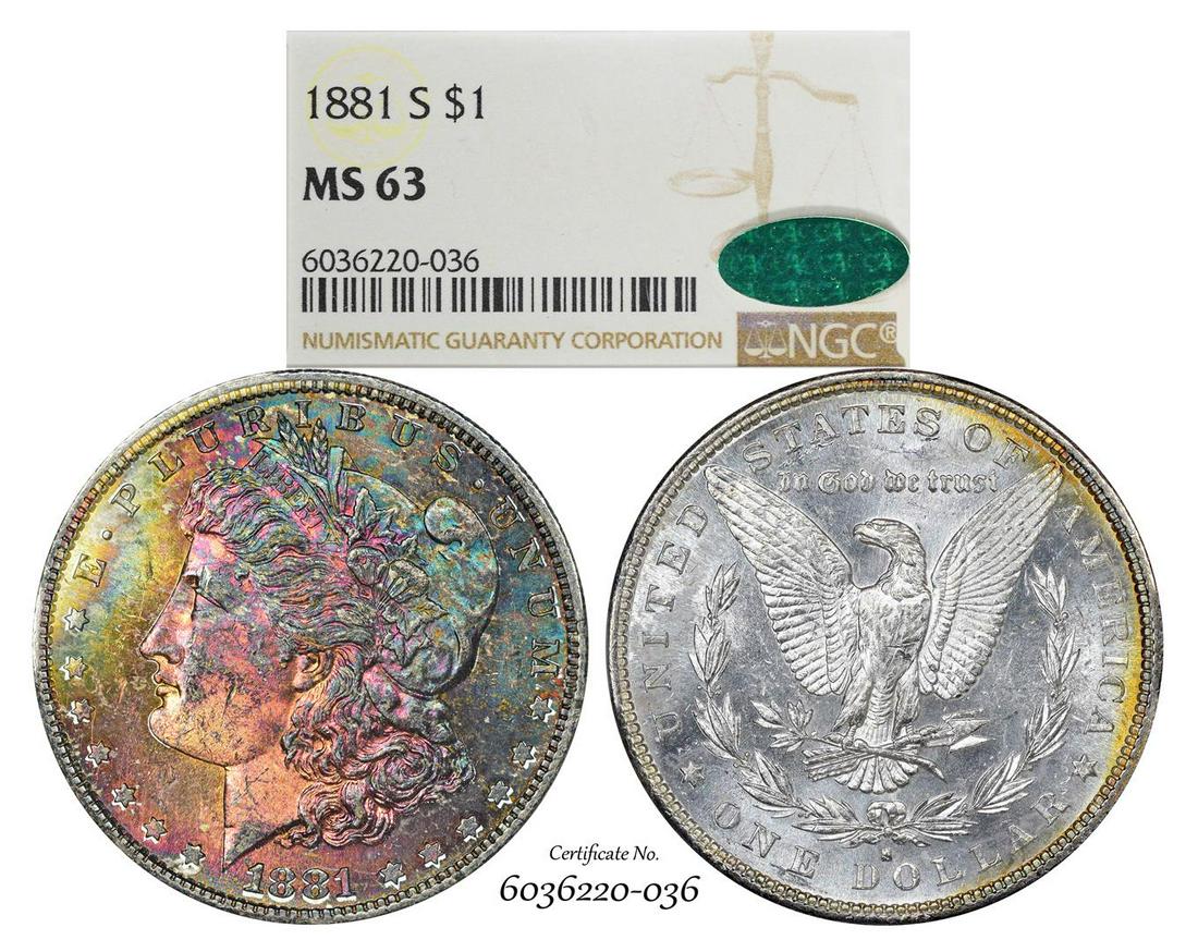 1881-S $1 Morgan Silver Dollar Coin NGC MS63 CAC: One 1881-S $1 Morgan Silver Dollar Coin NGC MS63 CAC Amazing Toning. NGC Certified.