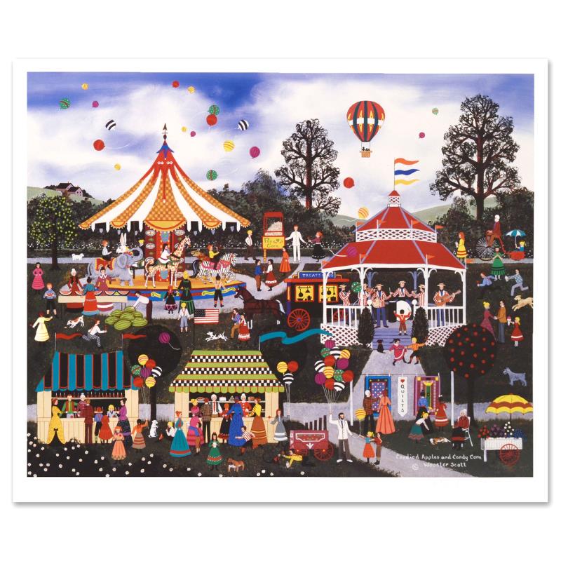 Jane Wooster Scott "Candied Apples and Candy Corn": Cozy, down-home images of a bygone era when life was simpler - this is the feeling captured in the creations of one of the world's most recognized artists. "Candied Apples and Candy Corn" is a limited