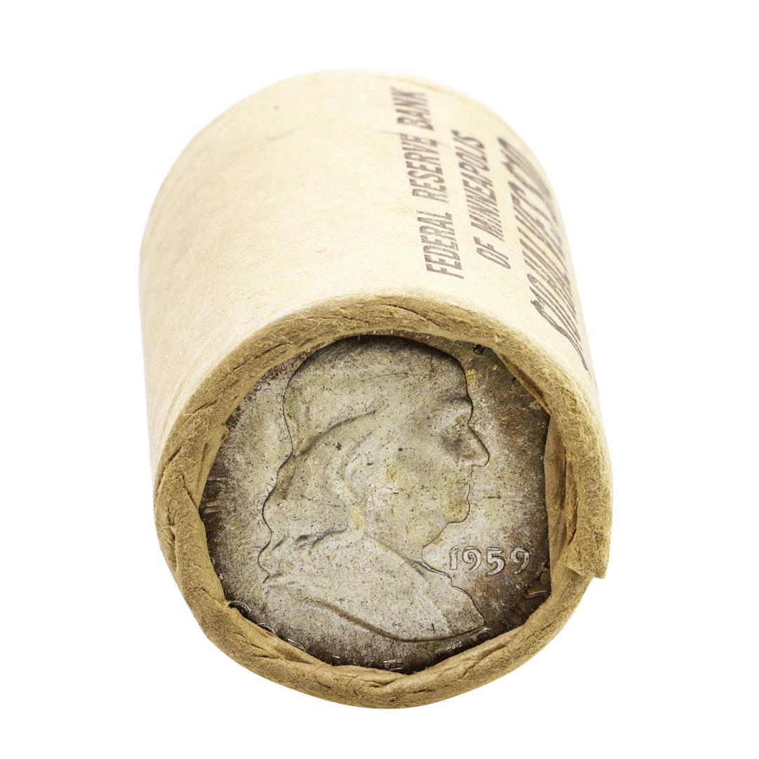 Original Bank Wrapped Roll of (20) Brilliant: One Original Bank Wrapped Roll of (20) Brilliant Uncirculated 1959-D Franklin Half Dollar Coins.
