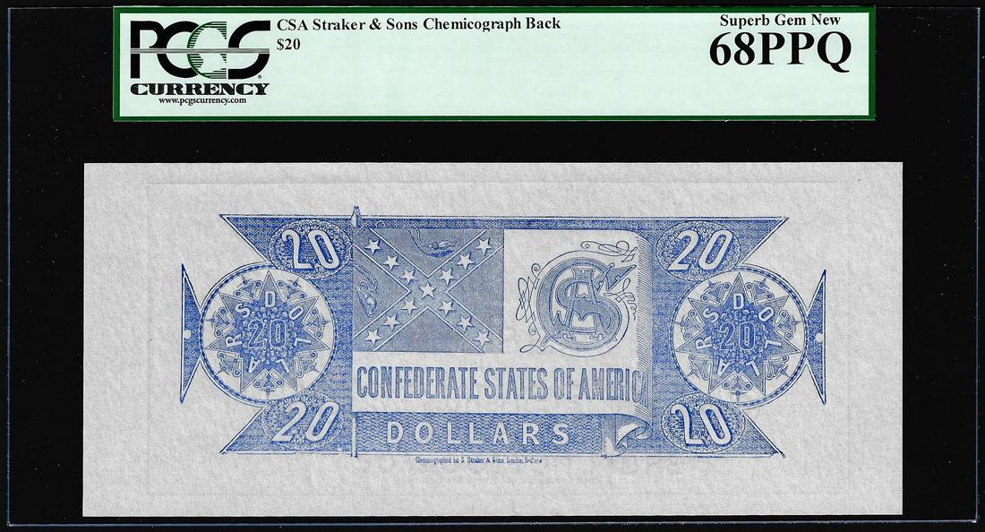$20 Chemicograph Back Confederate Currency Note PCGS: One $20 Chemicograph Back Confederate Currency Note PCGS Superb Gem New 68PPQ. PCGS Graded.