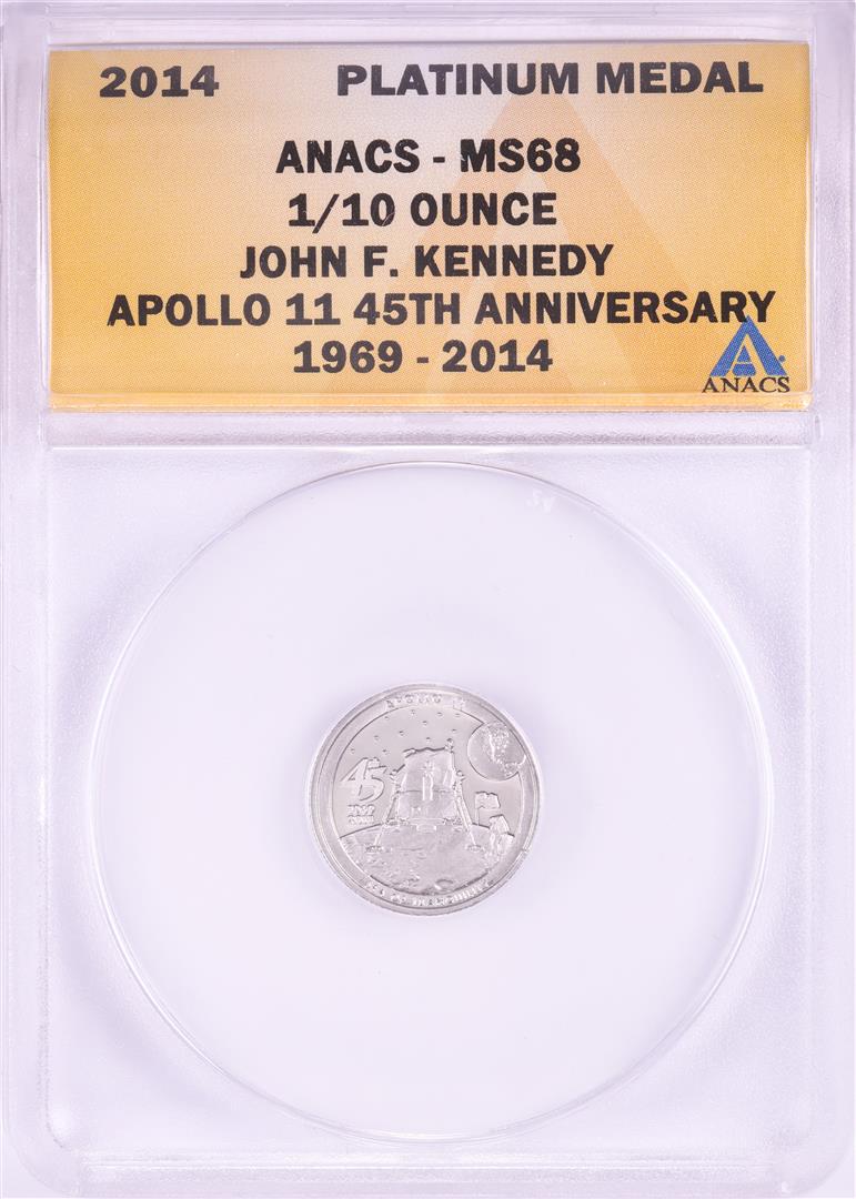 2014 Proof 1/10 oz Platinum JFK Apollo 11 Anniversary: One 2014 Proof 1/10 oz Platinum JFK Apollo 11 Anniversary Medal ANACS MS68. ANACS Certified.