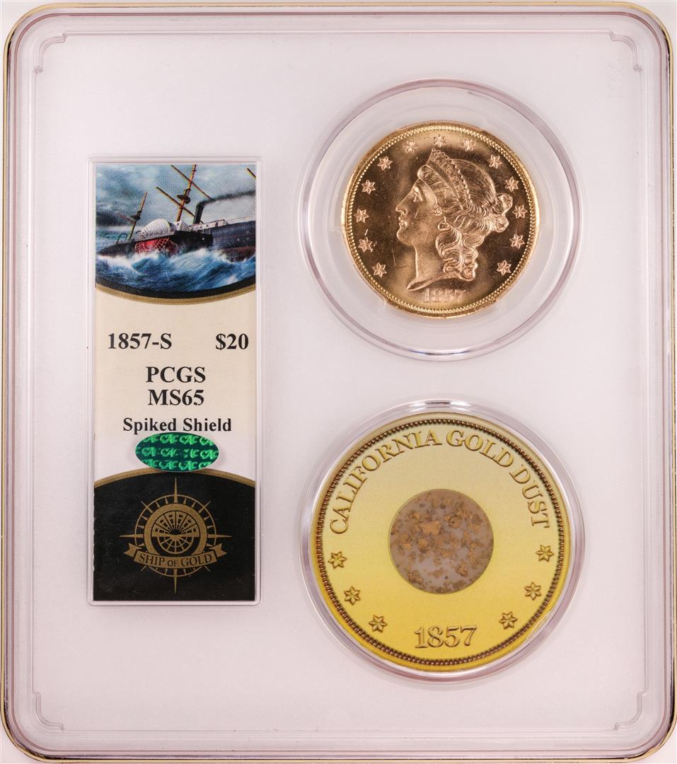 S.S. Central America 1857-S $20 Liberty Head Double: One S.S. Central America 1857-S $20 Liberty Head Double Eagle Gold Coin PCGS MS65 CAC. PCGS Graded.