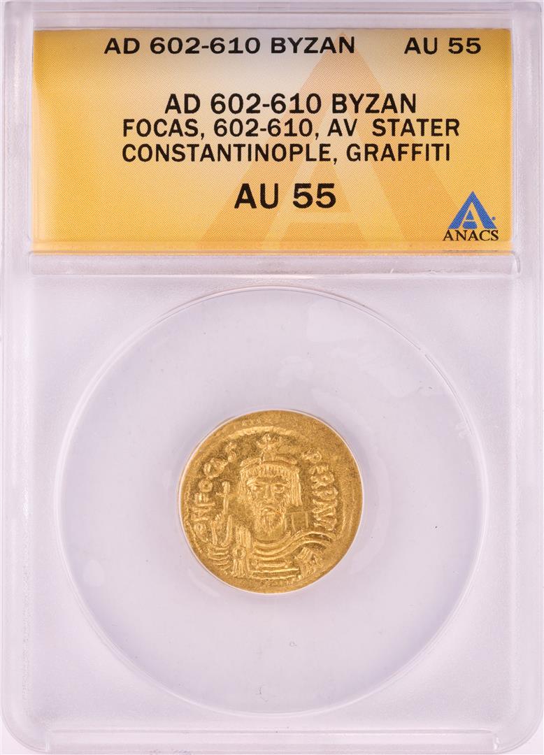 602-610 AD Ancient Byzantine Phocas Constantinople: One 602-610 AD Ancient Byzantine Phocas Constantinople Stater Gold Coin ANACS AU55. ANACS Certified.