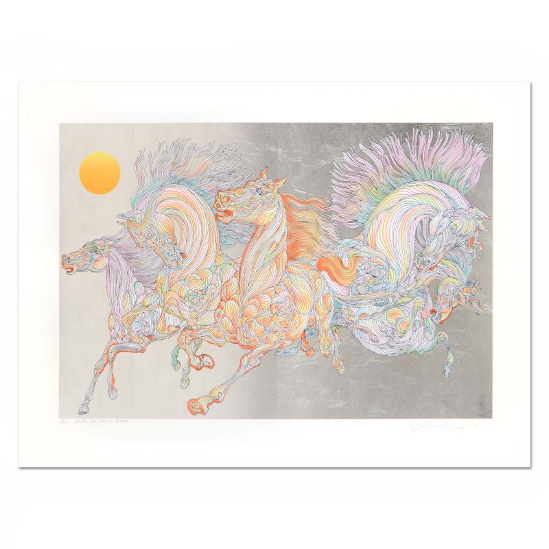 Guillaume Azoulay "Lever De Soleil" Limited Edition: "Lever De Soleil" is a limited edition serigraph on paper with hand laid silver leaf by Guillaume Azoulay, numbered and hand signed by the artist. Includes Letter of Authenticity. Measures approx. 38"