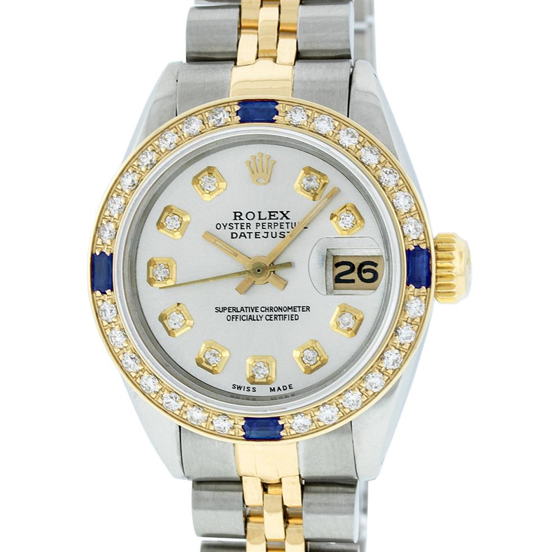 Rolex Ladies Two Tone Steel & Gold Silver Diamond &: One Ladies Two Tone Rolex Datejust Polished, Serviced & Electronically Tested, Yellow Gold & Stainless Steel Case: 26mm, Yellow Gold Crown, Custom Bezel: New 18K Yellow Gold Sapphire Beadset Diamond B