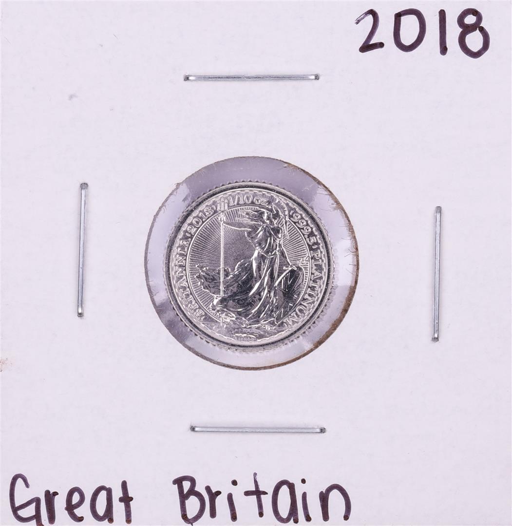 2018 Great Britain 10 Pounds 1/10 oz Platinum Coin: One 2018 Great Britain 10 Pounds 1/10 oz Platinum Coin.