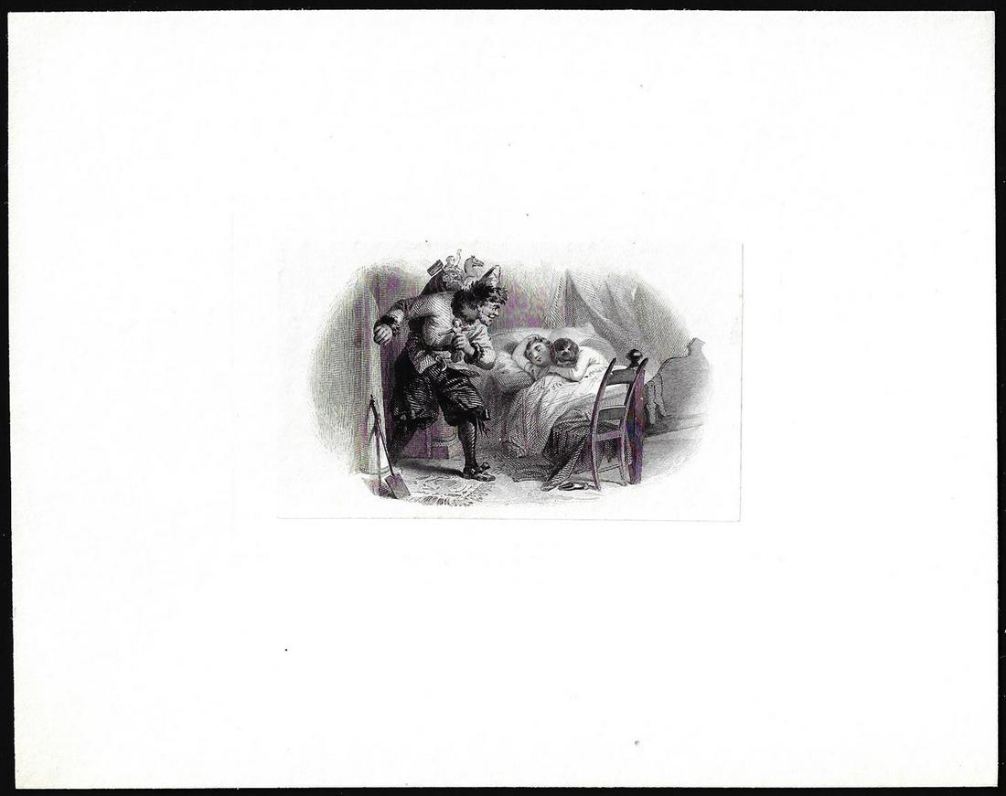 Scarce 1800’s ‘Santa Claus’ Type IV Vignette: This Scarce 'Santa Claus' Type IV vignette was done by either John W. Casilear or Nathaniel Jocelyn. St. Nick enters the room with a basket of toys strapped to his back. Holding a doll in his hand, he