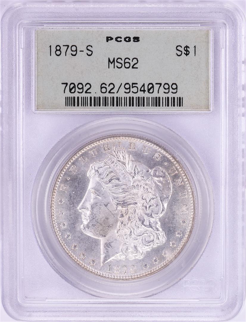 1879-S $1 Morgan Silver Dollar Coin PCGS MS62 Old Green: One 1879-S $1 Morgan Silver Dollar Coin PCGS MS62 Old Green Holder. PCGS Graded.