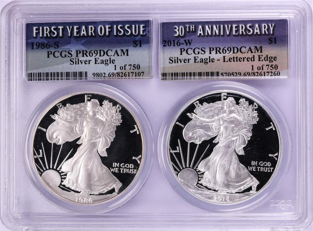 1986-S & 2016-W $1 Proof American Silver Eagle Coin Set: One 1986-S & 2016-W $1 Proof American Silver Eagle Coin Set PCGS PR69DCAM. PCGS Graded.