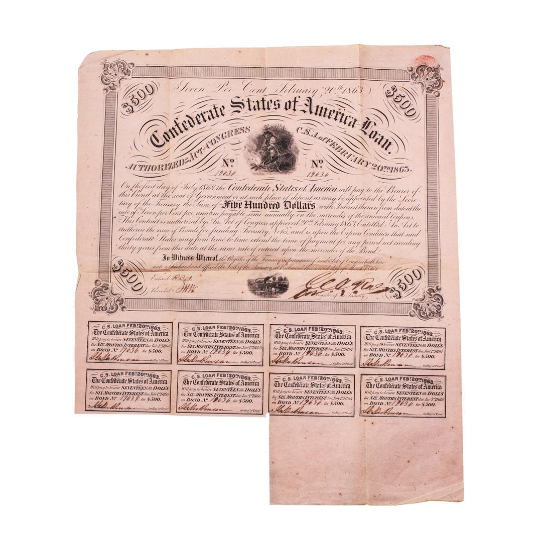 1863 $500 Confederate Bond Obsolete Sheet Printed on: One 1863 $500 Confederate Bond Obsolete Sheet Printed on Pink Paper B-221.