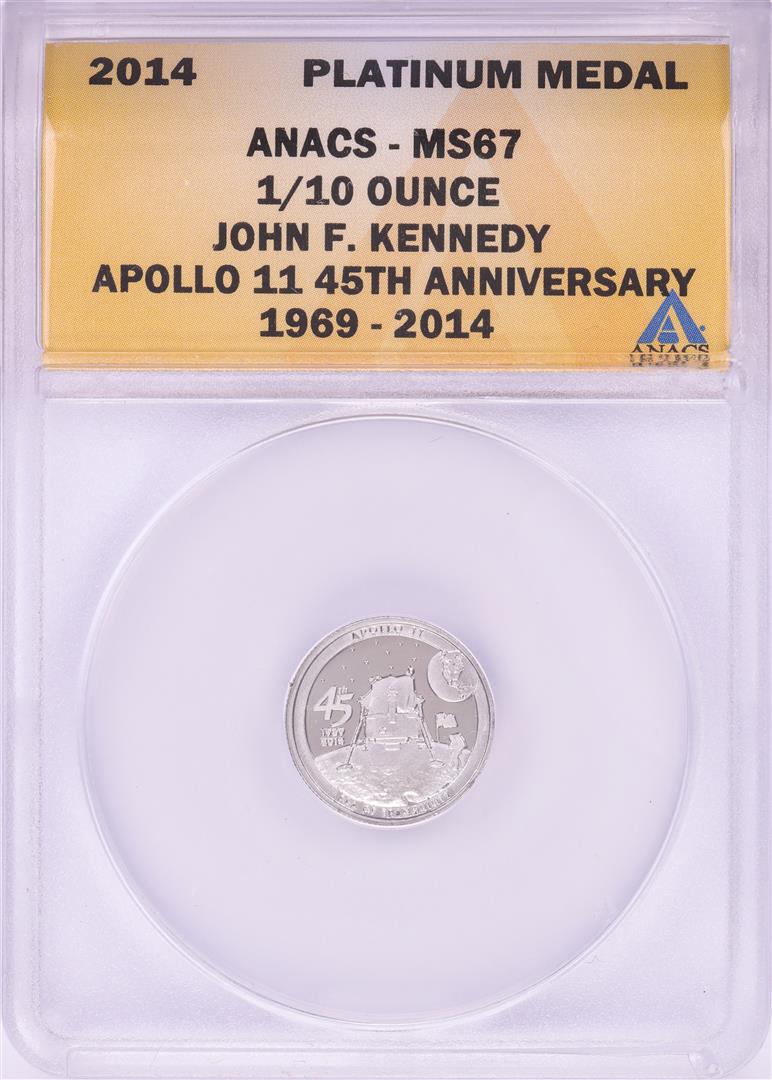 2014 Proof 1/10 oz Platinum JFK Apollo 11 Anniversary: One 2014 Proof 1/10 oz Platinum JFK Apollo 11 Anniversary Medal ANACS MS67. ANACS Certified.