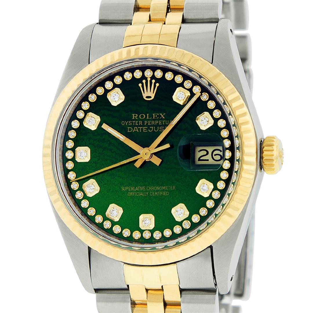 Rolex Men's Two Tone Stainless Steel & Gold Green: One Men's Yellow Gold Two Tone Rolex Datejust Polished, Serviced & Electronically Tested, Yellow Gold & Stainless Steel Case: 36mm, Yellow Gold Crown, Bezel: Yellow Gold Fluted Bezel. Custom Crystal: 
