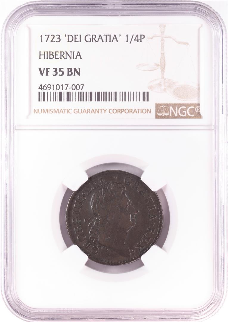 1723 'Dei Gratia' 1/4P Hibernia Coin NGC VF35 BN: One 1723 'Dei Gratia' 1/4P Hibernia Coin NGC VF35 BN. NGC Certified.