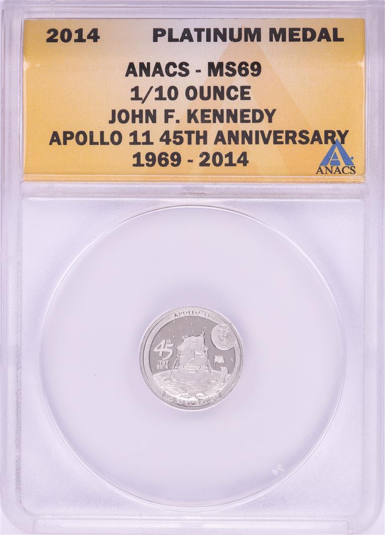 2014 Proof 1/10 oz Platinum JFK Apollo 11 Anniversary: One 2014 Proof 1/10 oz Platinum JFK Apollo 11 Anniversary Medal ANACS MS69. ANACS Certified.