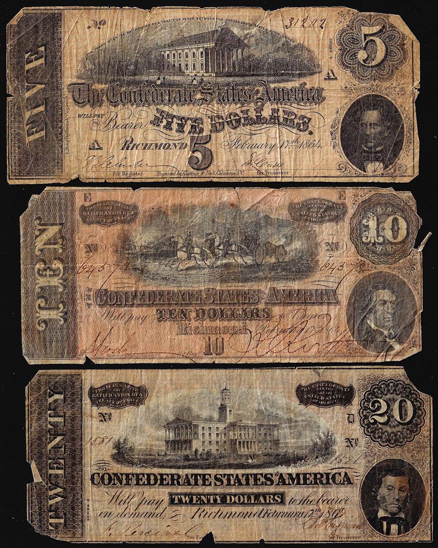 Lot of 1864 $5/$10/$20 Confederate States of America: One Lot of 1864 $5/$10/$20 Confederate States of America Notes.