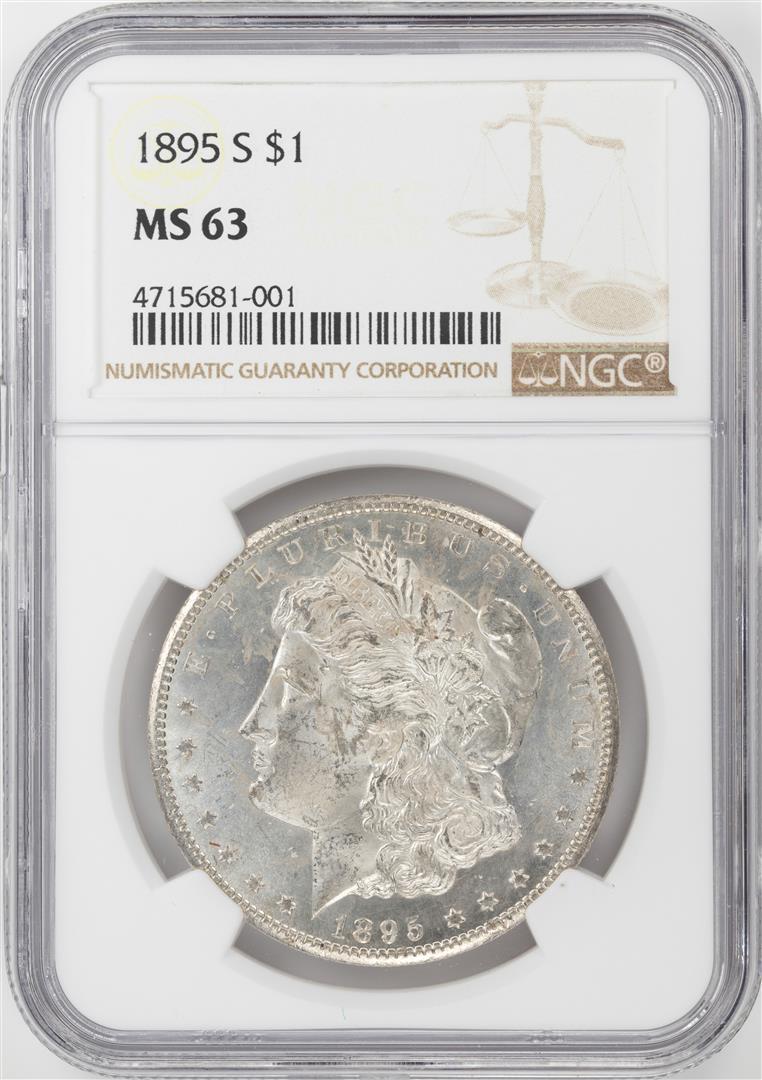 1895-S $1 Morgan Silver Dollar Coin NGC MS63: One 1895-S $1 Morgan Silver Dollar Coin NGC MS63. NGC Certified.