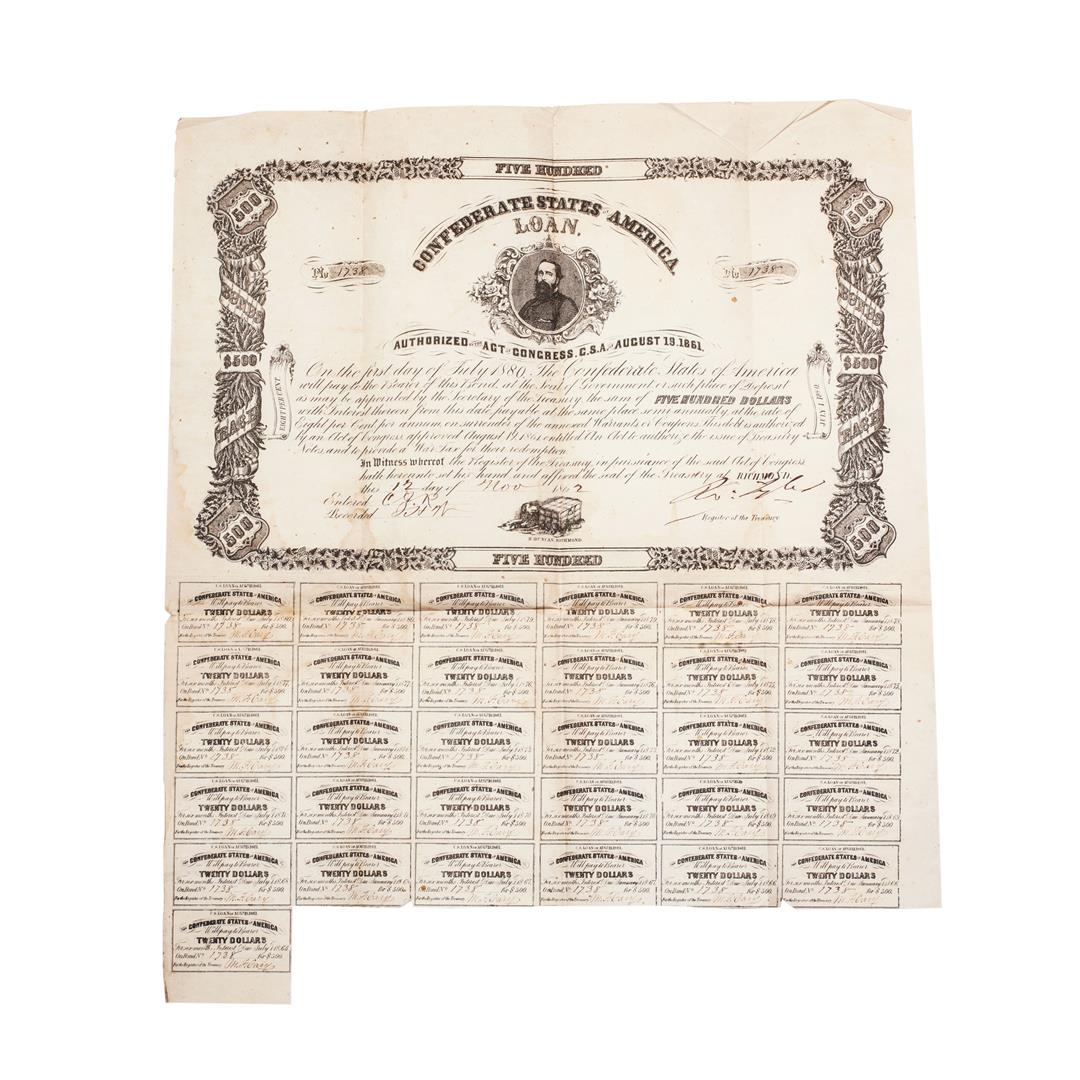 1862 $500 Confederate Bond Obsolete Sheet B-127: One 1862 $500 Confederate Bond Obsolete Sheet B-127.