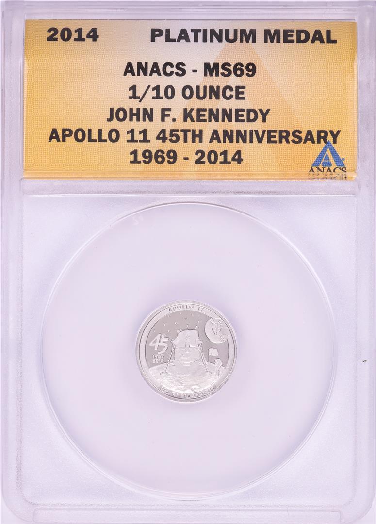 2014 Proof 1/10 oz Platinum JFK Apollo 11 Anniversary: One 2014 Proof 1/10 oz Platinum JFK Apollo 11 Anniversary Medal ANACS MS69. ANACS Certified.