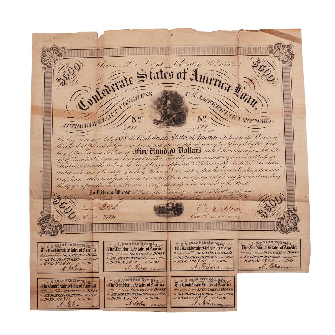 1863 $500 Confederate Bond Obsolete Sheet B-220: One 1863 $500 Confederate Bond Obsolete Sheet B-220.