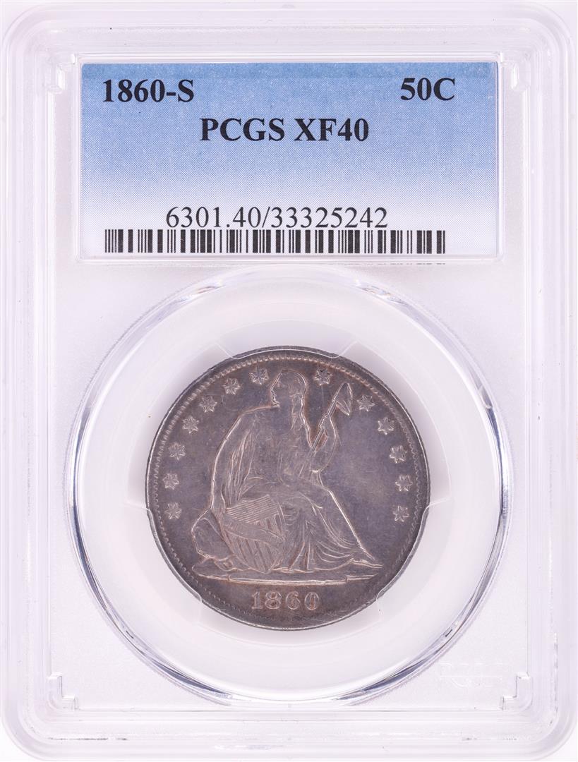 1860-S Seated Liberty Half Dollar Coin PCGS XF40: One 1860-S Seated Liberty Half Dollar Coin PCGS XF40. PCGS Graded.