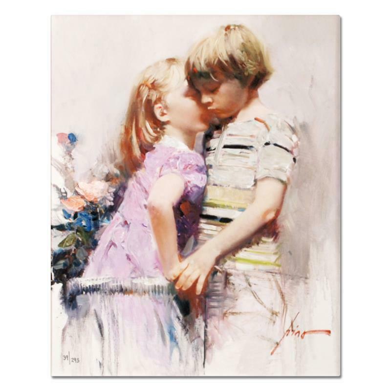 Pino (1939-2010) "The Kiss" Limited Edition Giclee on: "The Kiss" is a limited edition giclee on stretched canvas that has been hand-embellished by Pino himself, Numbered and Hand signed by Pino (1939-2010). Includes Certificate of Authenticity. Measures