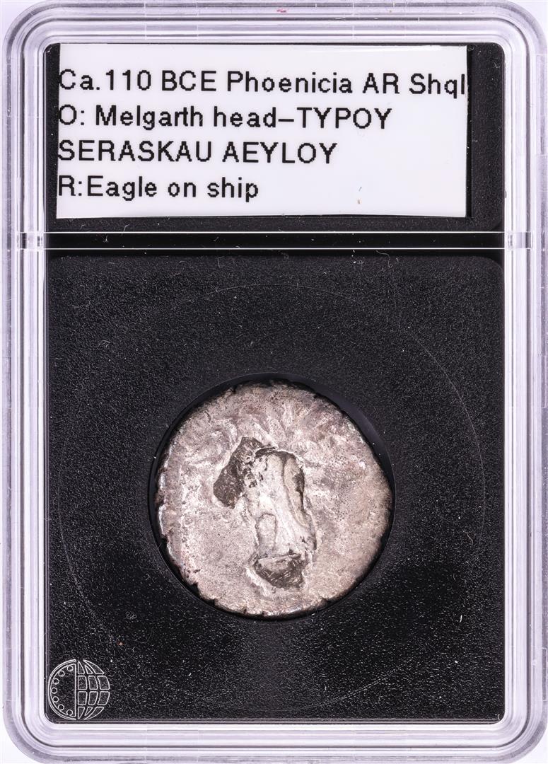 110 BCE Phoenicia Tyre AR Shekel Ancient Coin: One 110 BCE Phoenicia Tyre AR Shekel Ancient Coin.