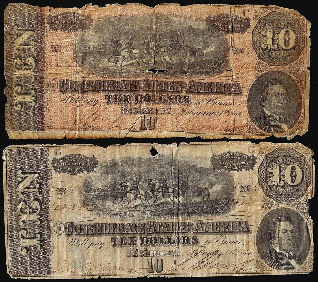 Lot of (2) 1864 $10 Confederate States of America Notes: One Lot of (2) 1864 $10 Confederate States of America Notes.