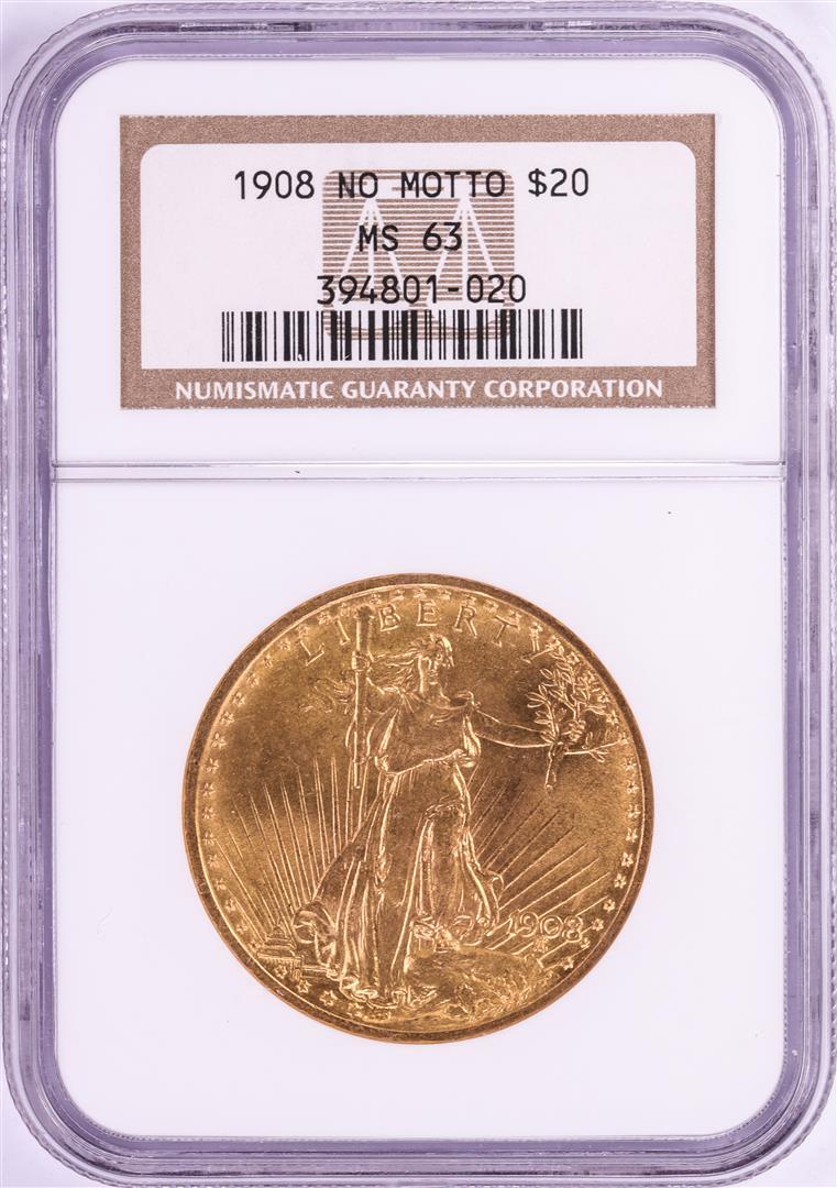 1908 No Motto $20 St. Gaudens Double Eagle Gold Coin: One 1908 No Motto $20 St. Gaudens Double Eagle Gold Coin NGC MS63. NGC Certified.