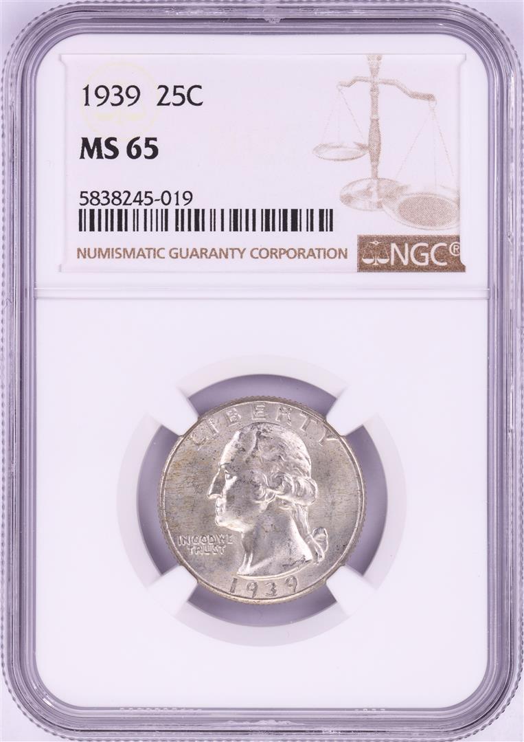 1939 Washington Quarter Coin NGC MS65: One 1939 Washington Quarter Coin NGC MS65. NGC Certified.