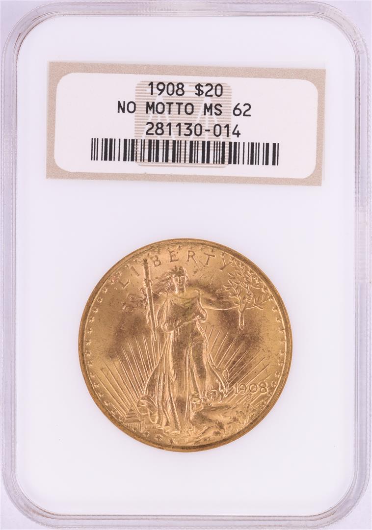 1908 No Motto $20 St. Gaudens Double Eagle Gold Coin: One 1908 No Motto $20 St. Gaudens Double Eagle Gold Coin NGC MS62. NGC Certified.