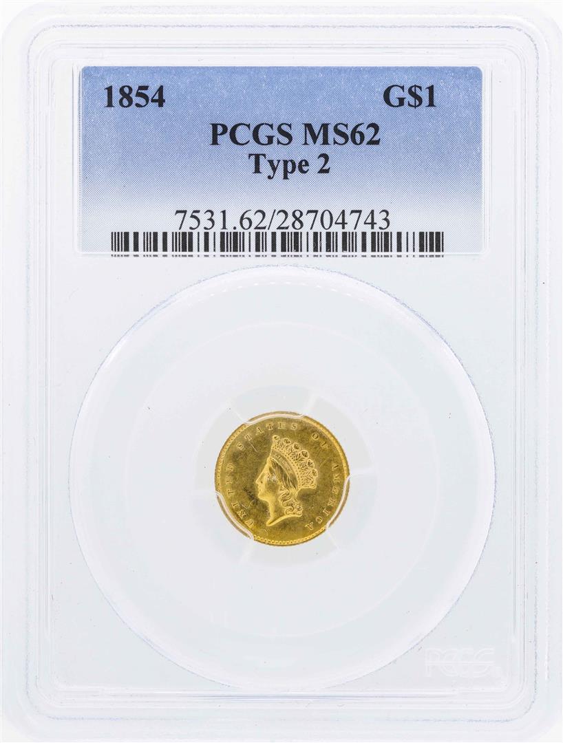 1854 $1 Indian Princess Gold Dollar Coin Type 2 PCGS: One 1854 $1 Indian Princess Gold Dollar Coin Type 2 PCGS MS62. PCGS Graded.