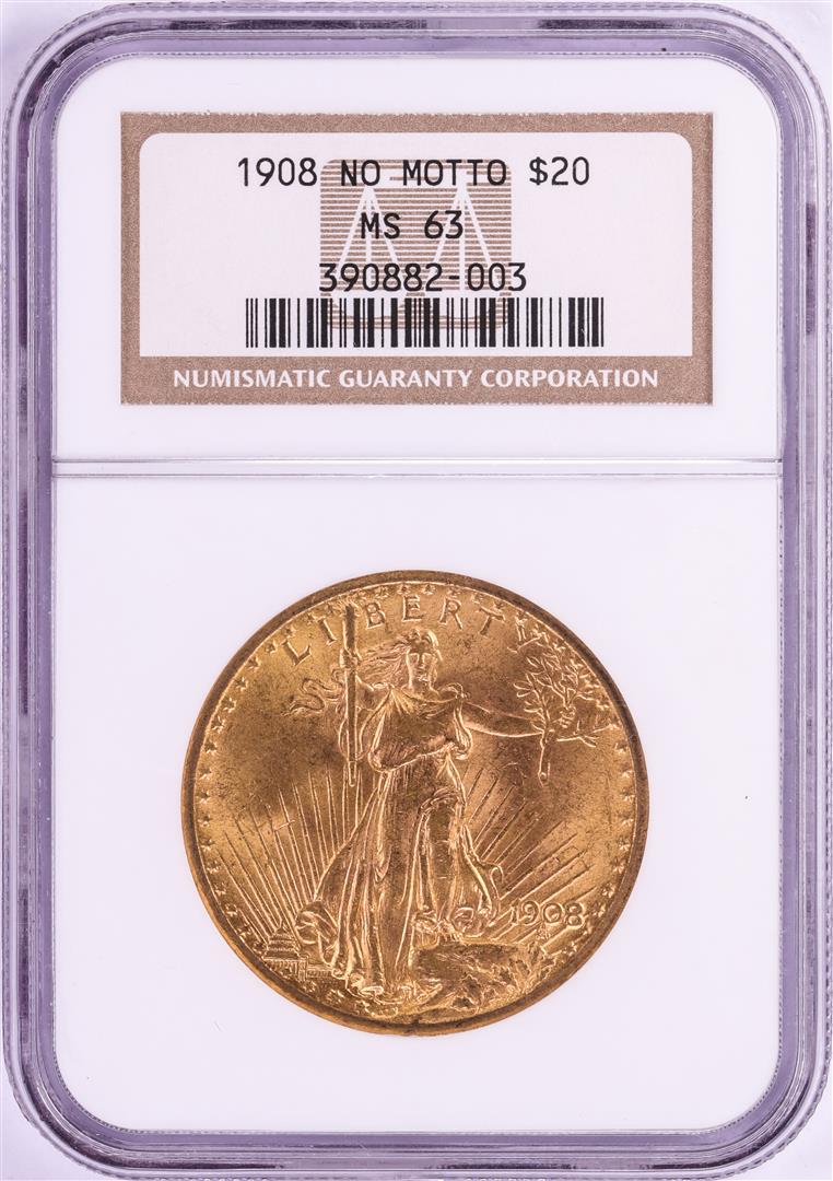 1908 No Motto $20 St. Gaudens Double Eagle Gold Coin: One 1908 No Motto $20 St. Gaudens Double Eagle Gold Coin NGC MS63. NGC Certified.