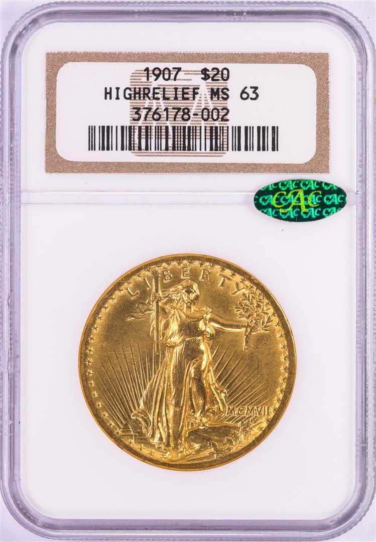 1907 High Relief $20 St. Gaudens Double Eagle Gold Coin: One 1907 High Relief $20 St. Gaudens Double Eagle Gold Coin NGC MS63 CAC Flat Edge. NGC Certified.
