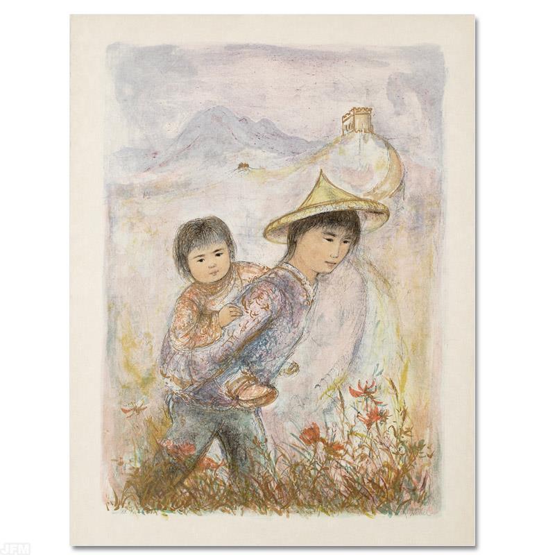 Edna Hibel (1917-2014) "The Great Wall" Limited Edition: "The Great Wall" is a limited edition lithograph on rice paper, numbered and hand signed by Edna Hibel (1917-2014). Includes Certificate of Authenticity! Measures approx. 22" x 30" (with border), 19" 