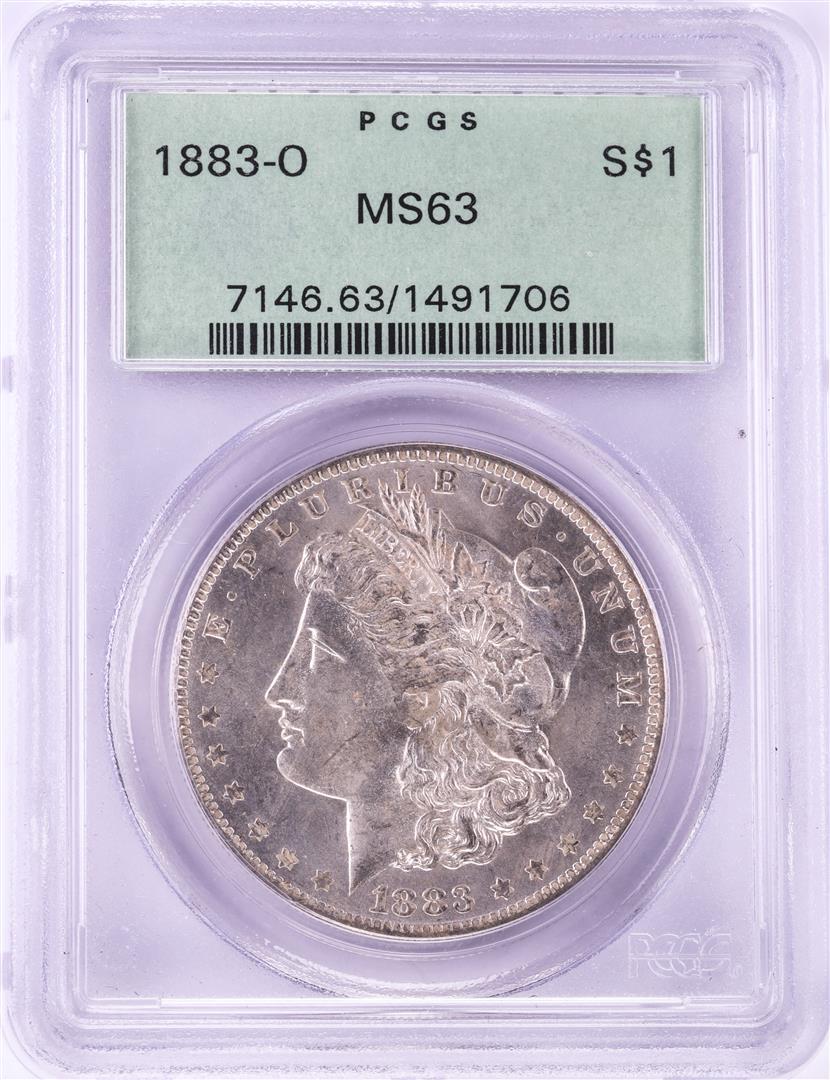 1883-O $1 Morgan Silver Dollar Coin PCGS MS63 Old Green: One 1883-O $1 Morgan Silver Dollar Coin PCGS MS63 Old Green Holder. PCGS Graded.