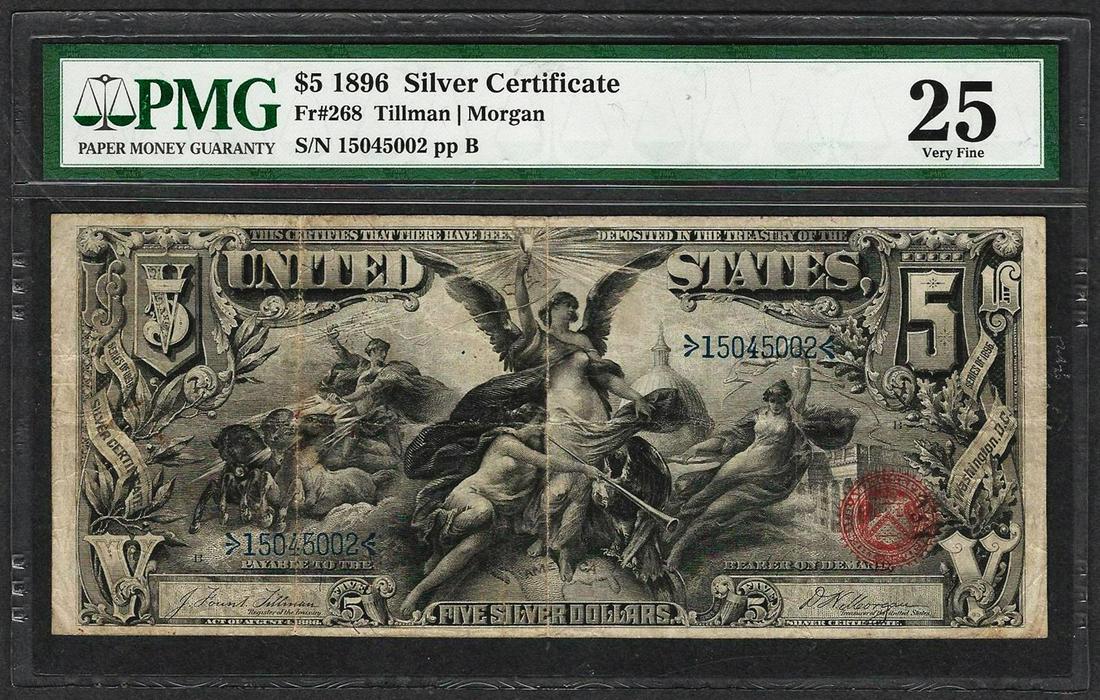 1896 $5 Educational Silver Certificate Note Fr.268 PMG: One 1896 $5 Educational Silver Certificate Note Fr.268 PMG Very Fine 25. PMG Certified.