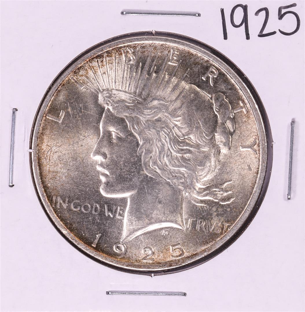 1925 $1 Peace Silver Dollar Coin: One 1925 $1 Peace Silver Dollar Coin.
