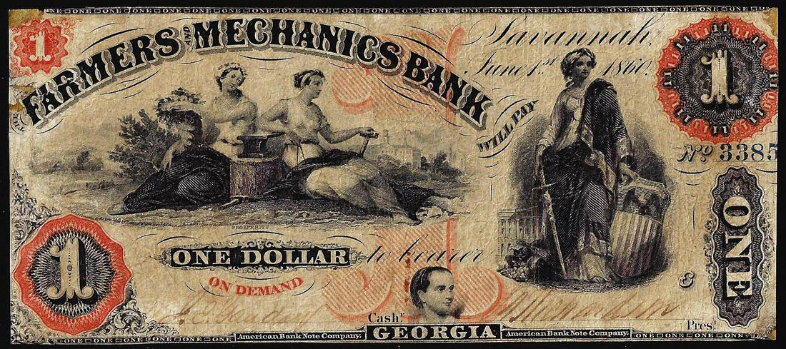 1860 The Farmers and Mechanics Bank Savannah, Georgia: One 1860 The Farmers and Mechanics Bank Savannah, Georgia Obsolete Banknote.