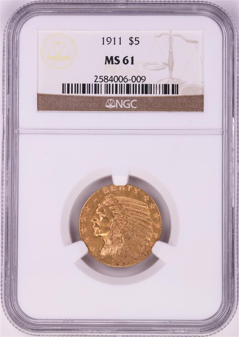 1911 $5 Indian Head Half Eagle Gold Coin NGC MS61: One 1911 $5 Indian Head Half Eagle Gold Coin NGC MS61. NGC Certified.