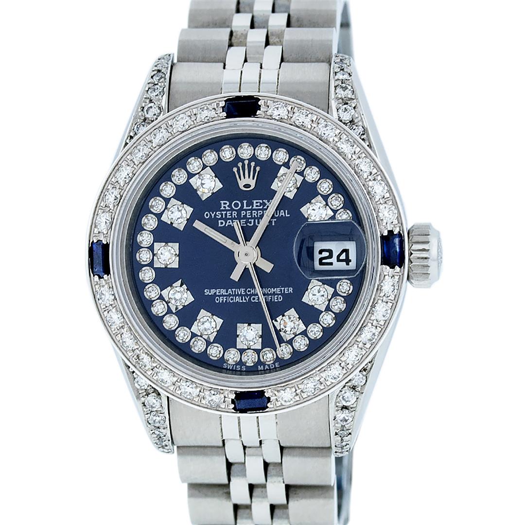 Rolex Ladies Stainless Steel Diamond & Sapphire: One Quickset Ladies Stainless Steel Sapphire Rolex Datejust Polished Bright with Satin Finish, Serviced & Electronically Tested, Stainless Steel Case: 26mm, Stainless Steel Crown, Custom Diamond Lugs: